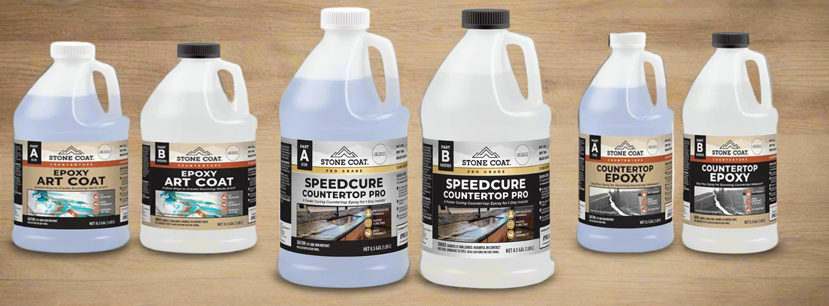 Set of epoxy and resin bottles with labels on a white background